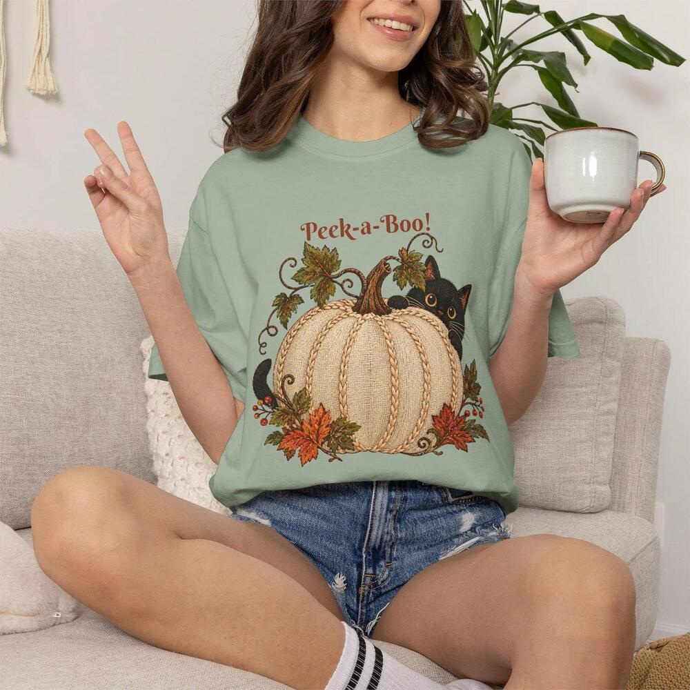 Black Cat Fall T-Shirt Peek-A-Boo Pumpkin Halloween Tee
